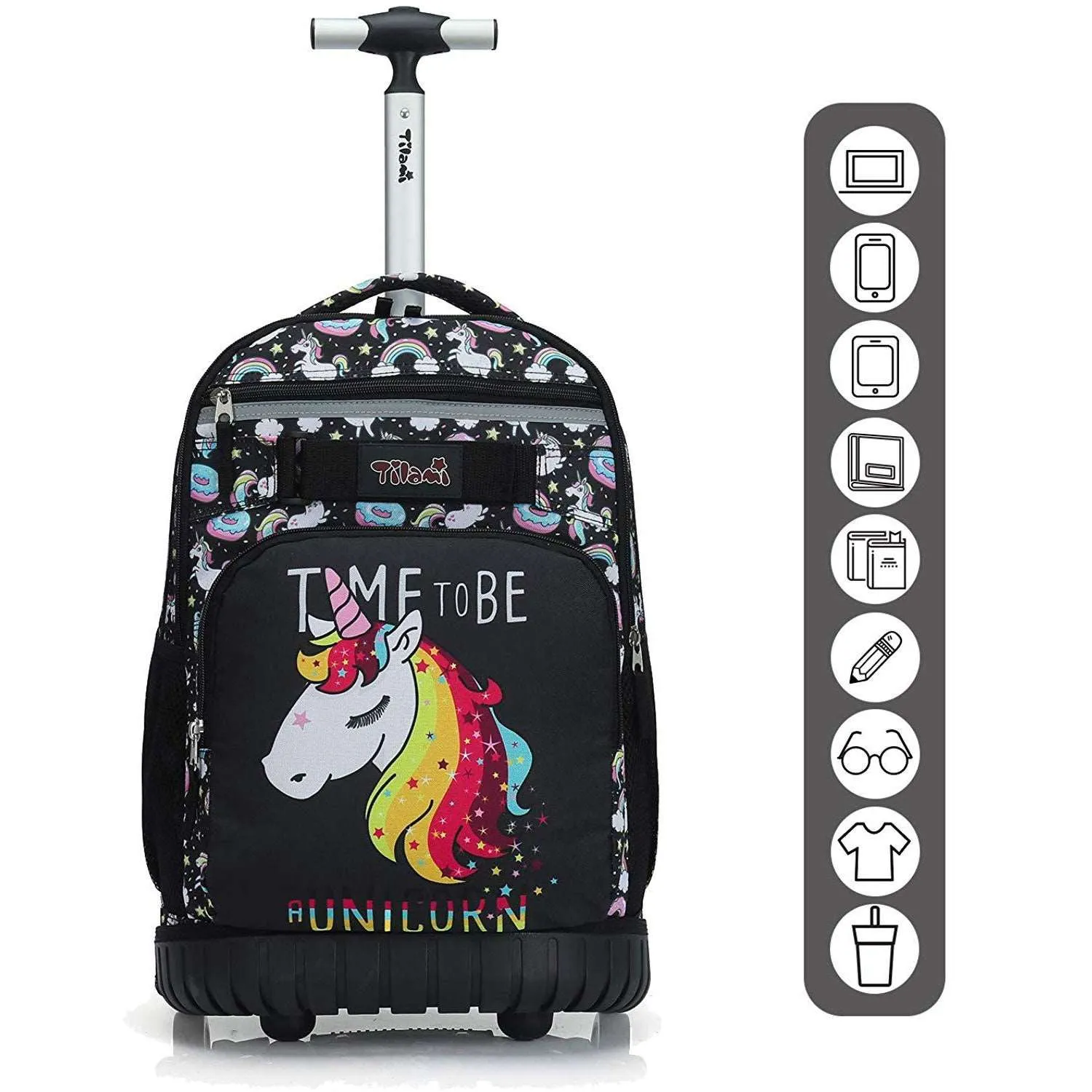 Tilami Black Unicorn Rolling Backpack 18 inch Wheeled Backpack