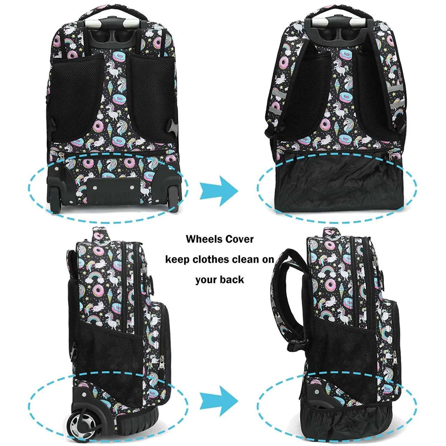 Tilami Black Unicorn Rolling Backpack 18 inch Wheeled Backpack