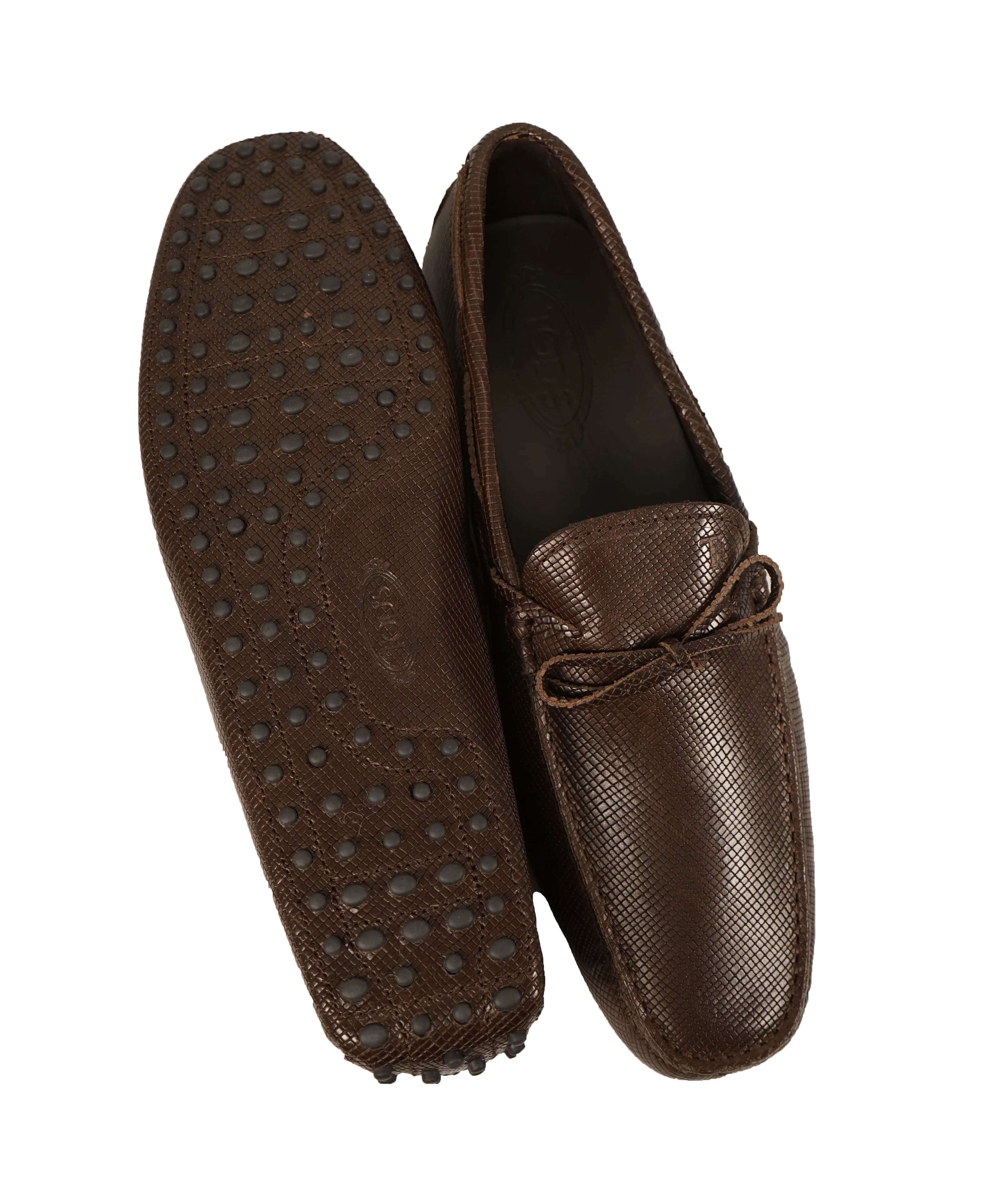 TOD’S - Brown Textured Knot Front Logo Leather “Laccetto Gommini” Loafers- 13