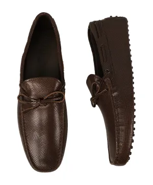 TOD’S - Brown Textured Knot Front Logo Leather “Laccetto Gommini” Loafers- 13