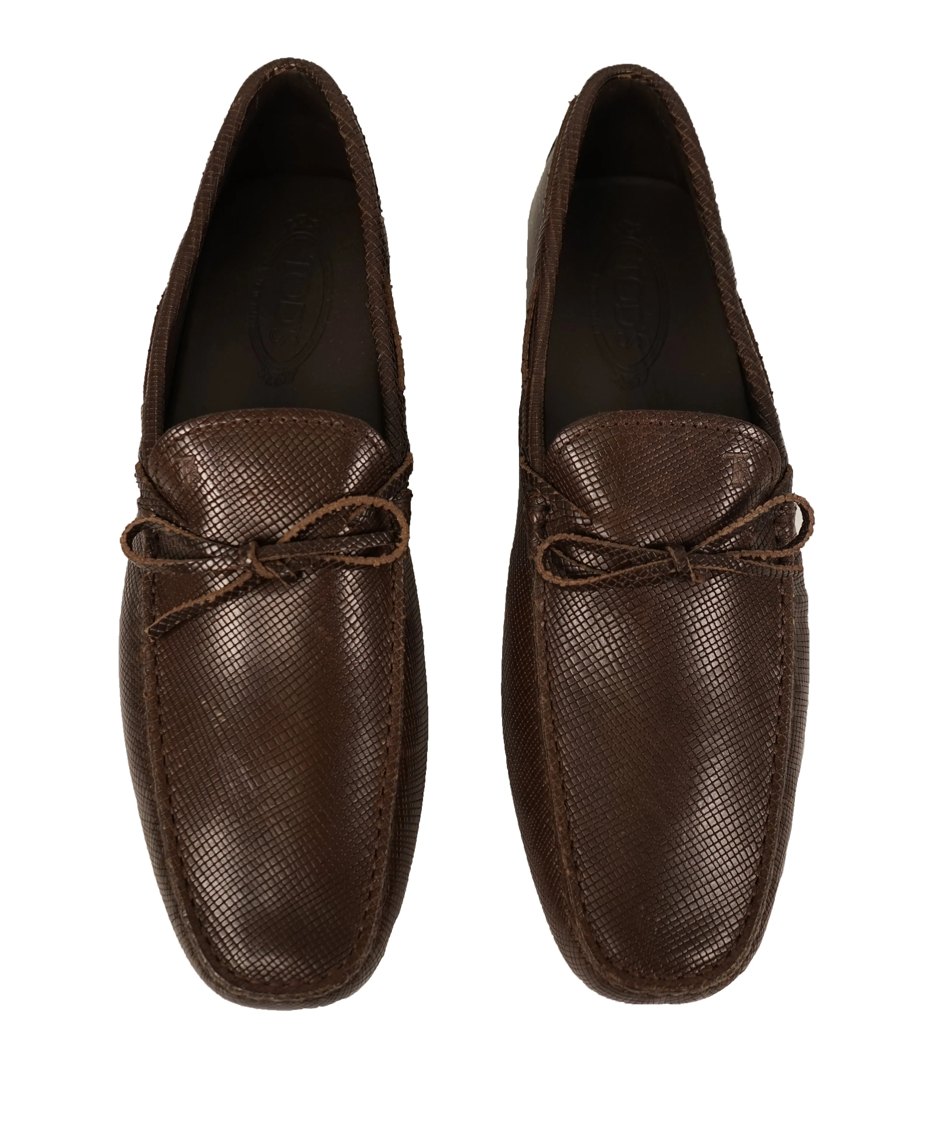 TOD’S - Brown Textured Knot Front Logo Leather “Laccetto Gommini” Loafers- 13