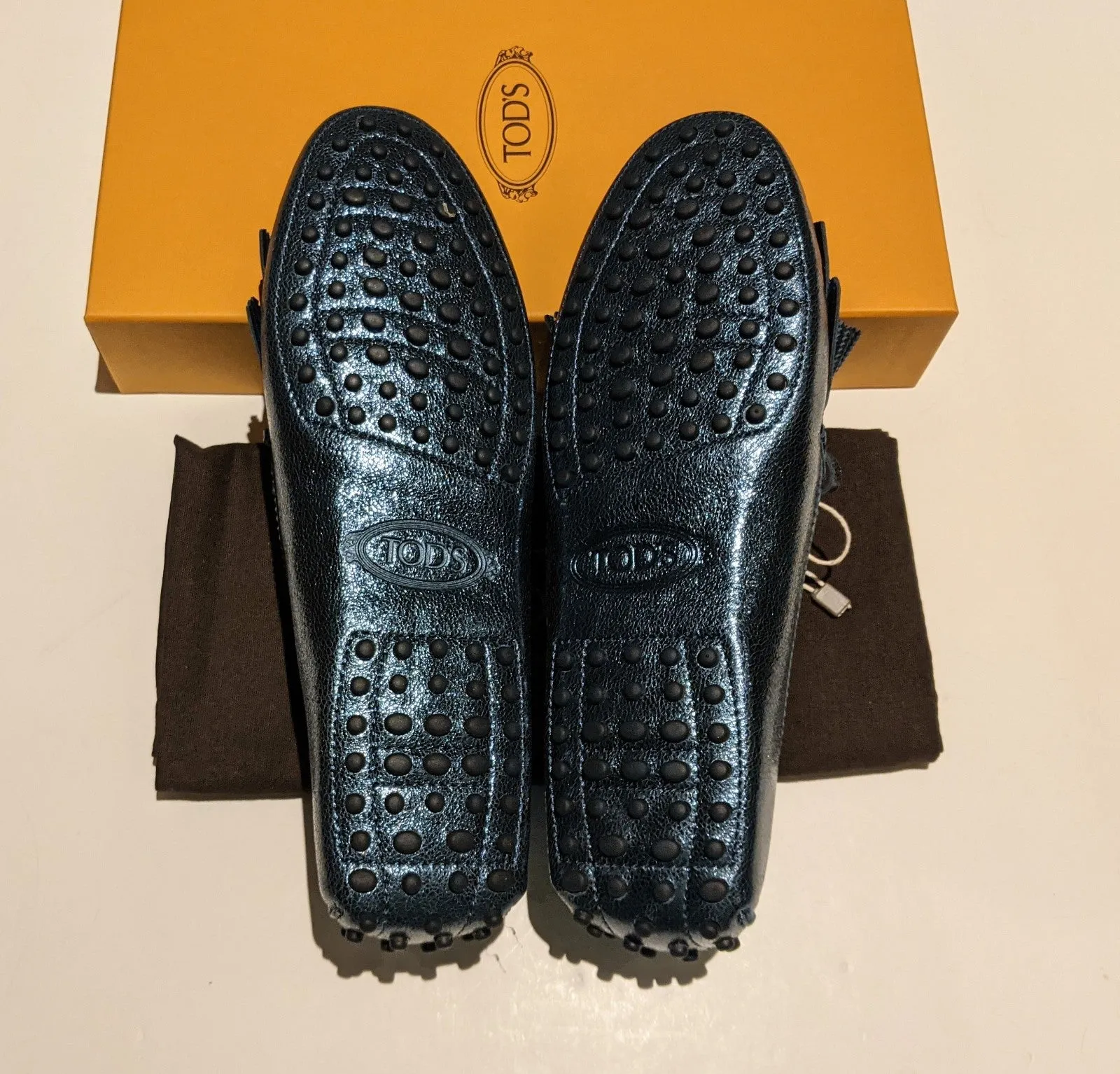 Tod's Metallic Blue Gommino Fringe Loafers Mec Navy Gommini new in box