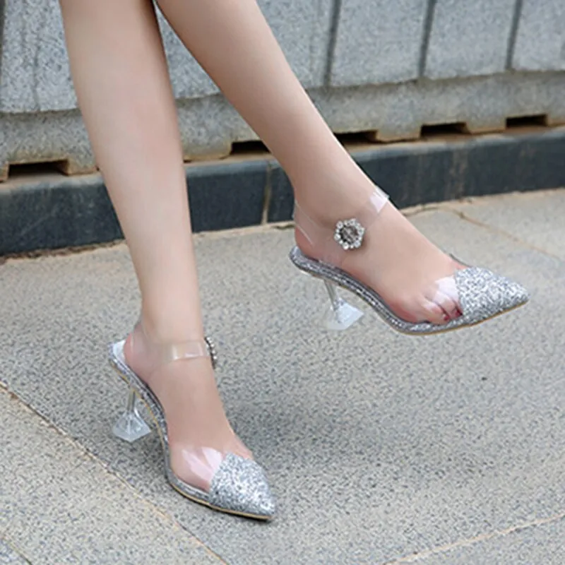 Transparent PVC sandals women pointed clear crystal sexy high heel design brand pumps  new party shoes women