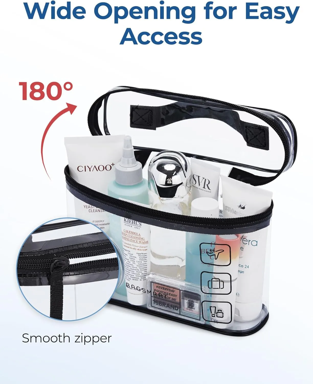 TSA Approved Toiletry Bag, 2 Pack Clear Makeup Cosmetic Bag Organizer, Quart Size Travel Bag for Toiletries, Carry-On Travel Accessories Essentials, Black-2Pcs