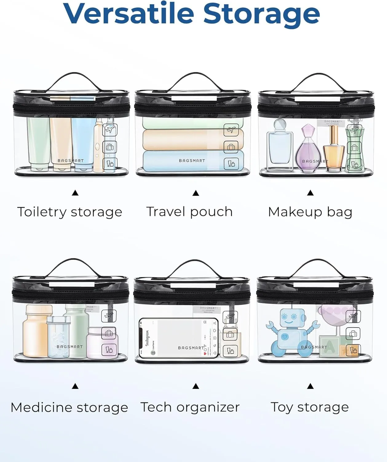 TSA Approved Toiletry Bag, 2 Pack Clear Makeup Cosmetic Bag Organizer, Quart Size Travel Bag for Toiletries, Carry-On Travel Accessories Essentials, Black-2Pcs