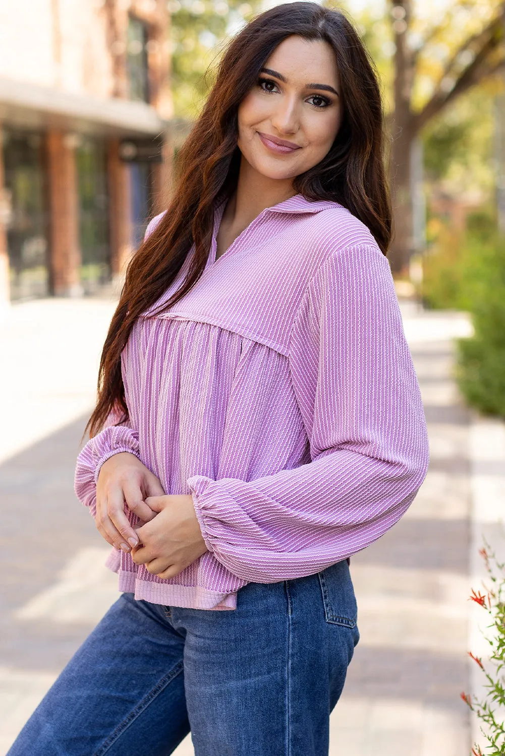 V Neck Bubble Sleeve Babydoll Blouse