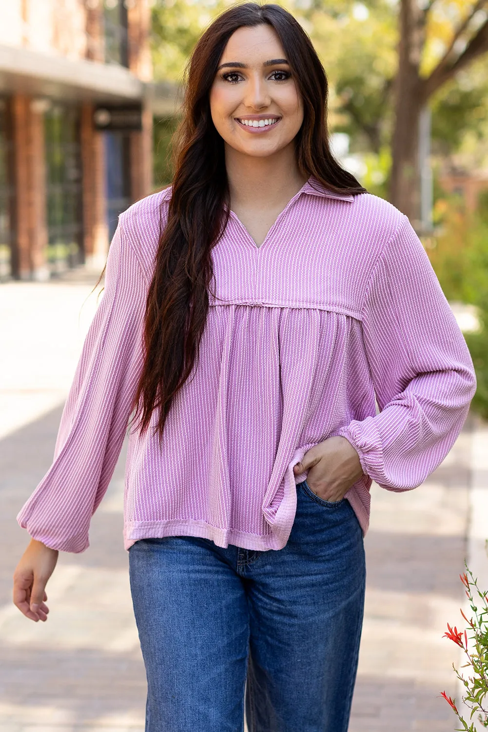 V Neck Bubble Sleeve Babydoll Blouse