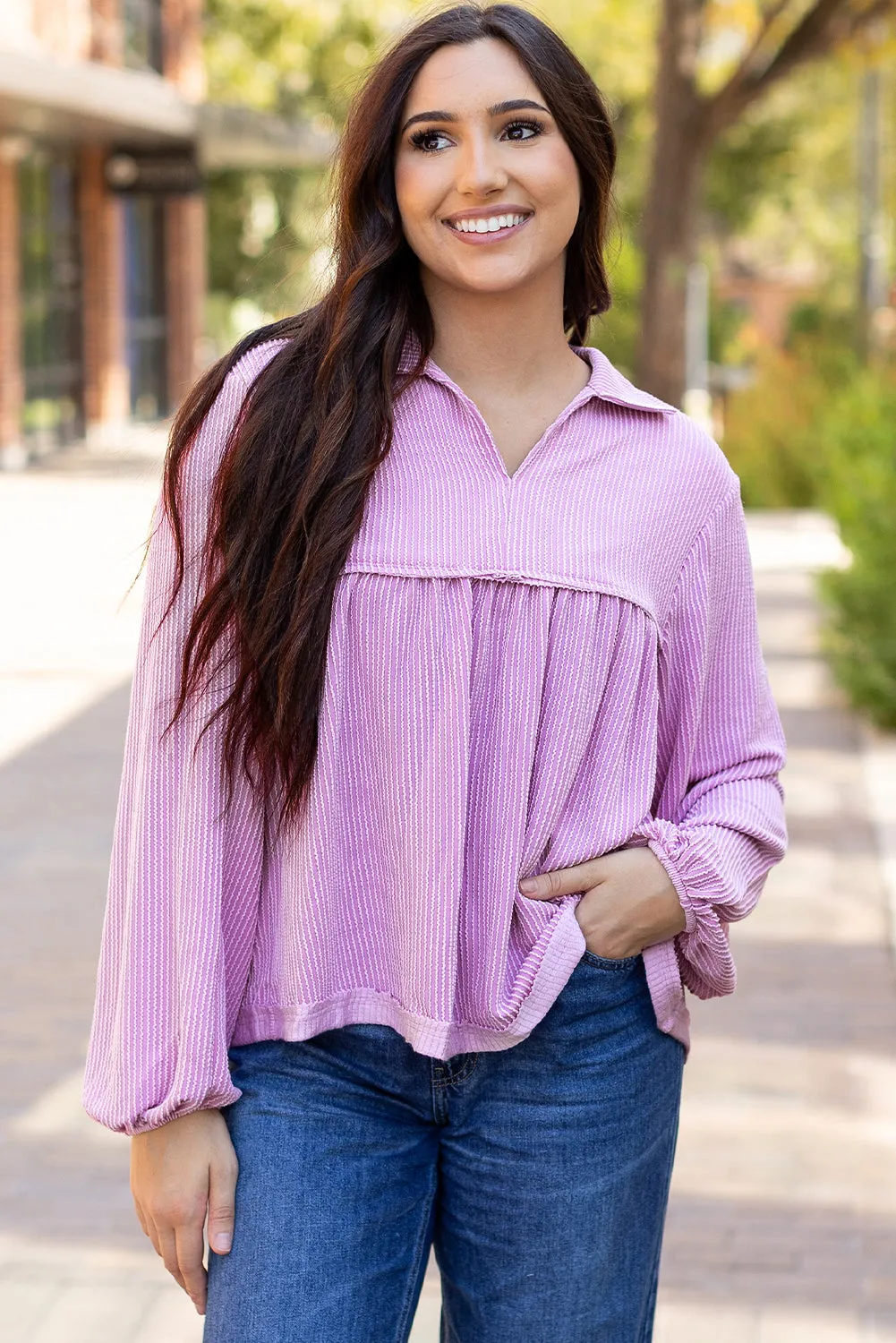 V Neck Bubble Sleeve Babydoll Blouse