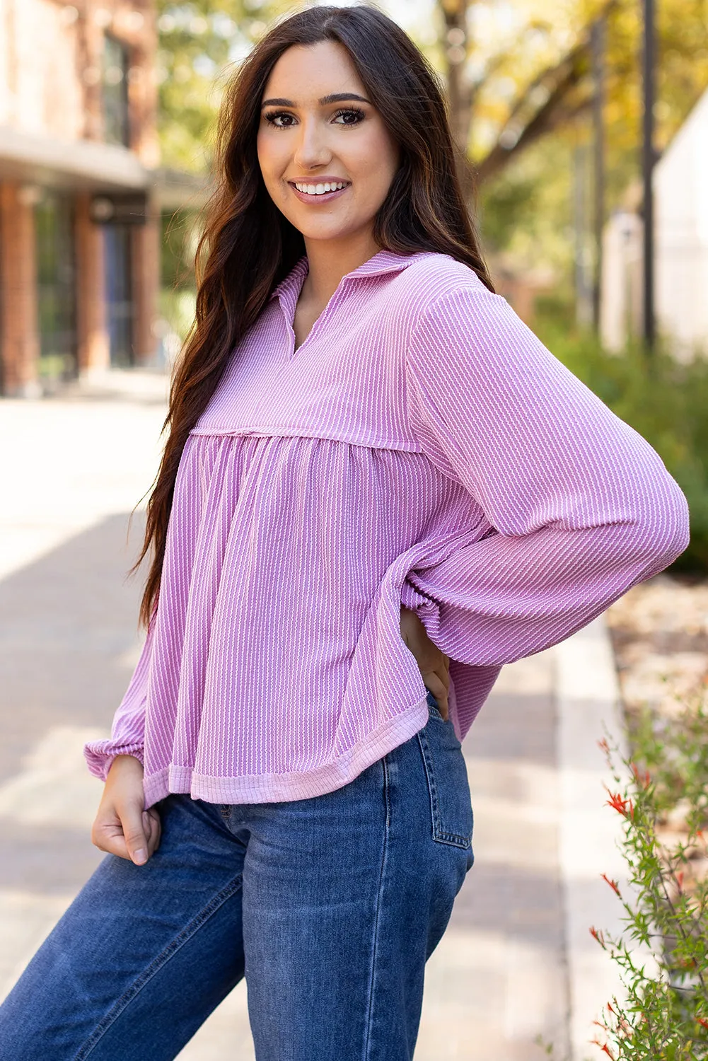 V Neck Bubble Sleeve Babydoll Blouse