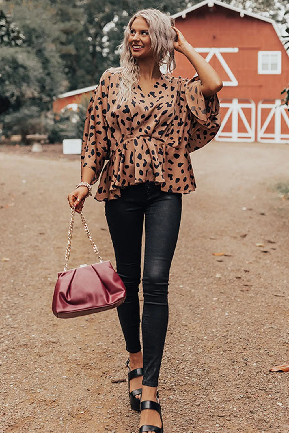 V Neck Leopard Print Peplum Blouse