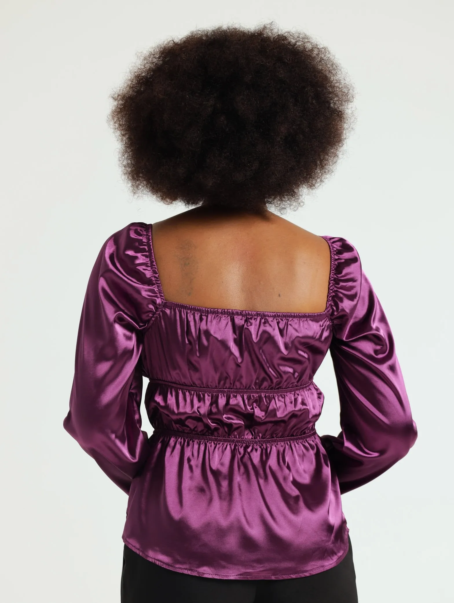 V-Neck Satin Peplum Blouse - Purple