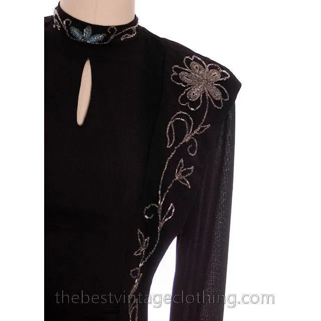 Vintage 1940s Black Rayon Bodice Fabulous Beadwork Small