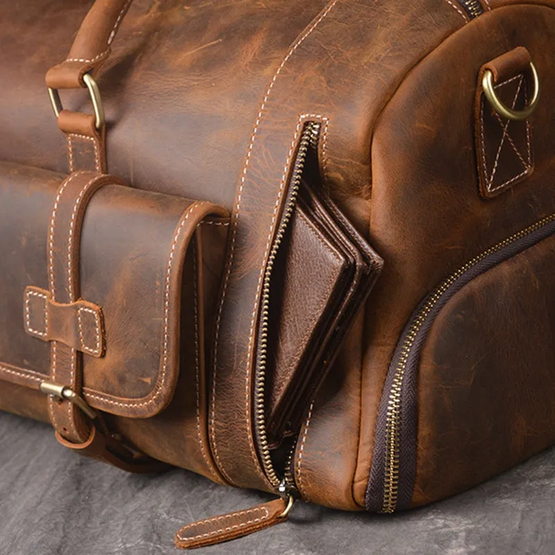 Vintage Leather Weekend Bag with Shoes Compartment, Crazy Horse Leather Duffle Bag, Large Travel Bag