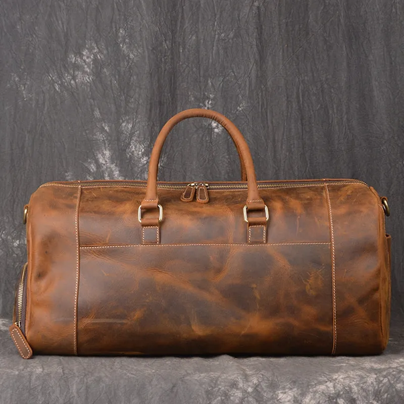 Vintage Leather Weekend Bag with Shoes Compartment, Crazy Horse Leather Duffle Bag, Large Travel Bag