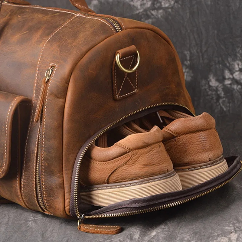 Vintage Leather Weekend Bag with Shoes Compartment, Crazy Horse Leather Duffle Bag, Large Travel Bag