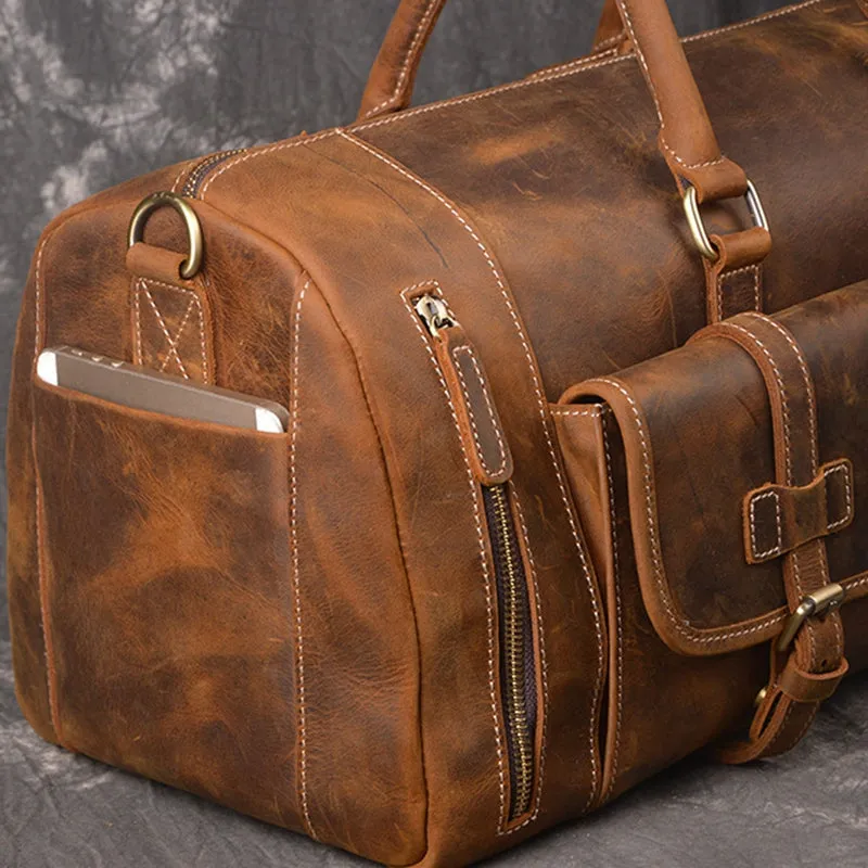 Vintage Leather Weekend Bag with Shoes Compartment, Crazy Horse Leather Duffle Bag, Large Travel Bag