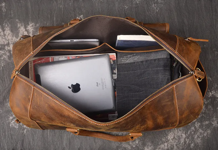 Vintage Leather Weekend Bag with Shoes Compartment, Crazy Horse Leather Duffle Bag, Large Travel Bag