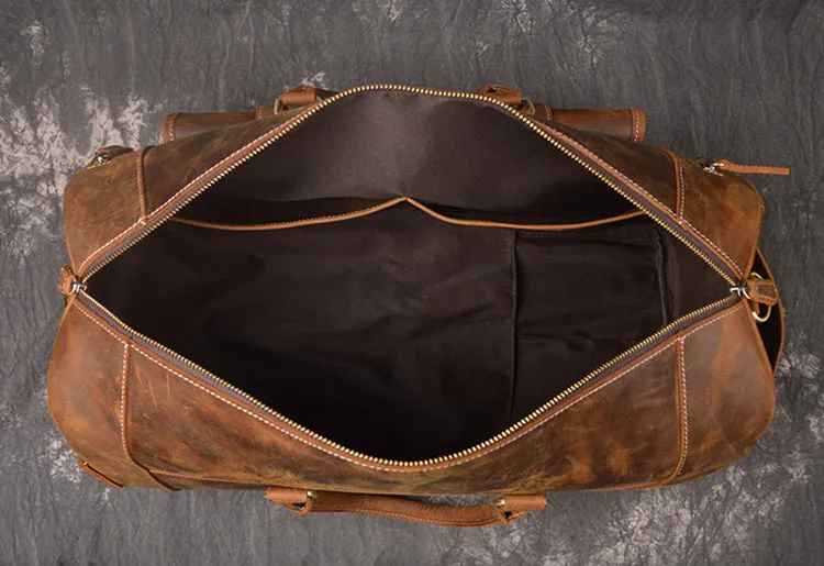 Vintage Leather Weekend Bag with Shoes Compartment, Crazy Horse Leather Duffle Bag, Large Travel Bag