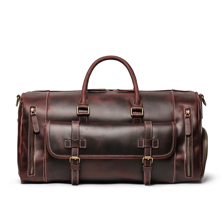 Vintage Leather Weekend Bag with Shoes Compartment, Crazy Horse Leather Duffle Bag, Large Travel Bag