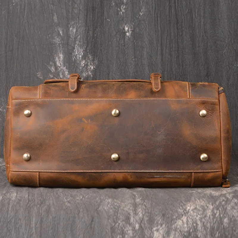 Vintage Leather Weekend Bag with Shoes Compartment, Crazy Horse Leather Duffle Bag, Large Travel Bag