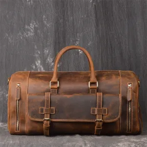 Vintage Leather Weekend Bag with Shoes Compartment, Crazy Horse Leather Duffle Bag, Large Travel Bag