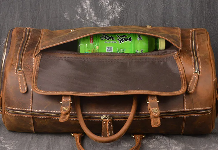 Vintage Leather Weekend Bag with Shoes Compartment, Crazy Horse Leather Duffle Bag, Large Travel Bag