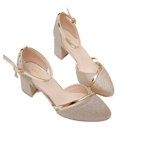 VougeVamp Women's Sequin Chunky Heel Wedding Shoes – Elegant Bridesmaid High Heels with Buckle Strap