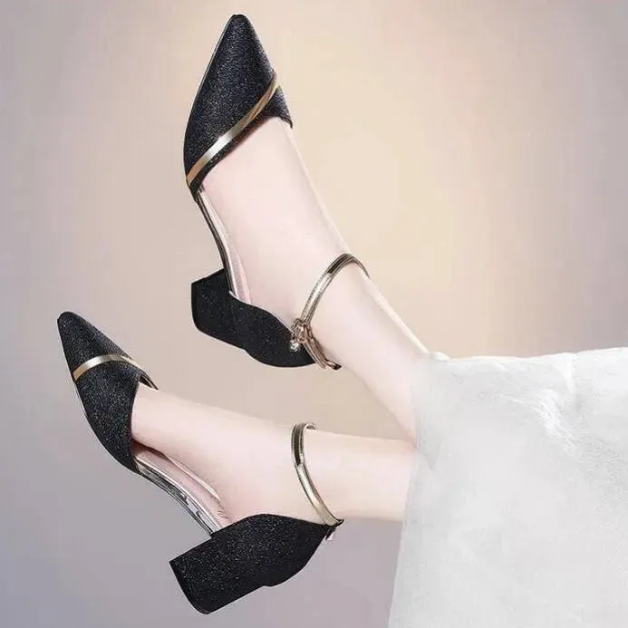 VougeVamp Women's Sequin Chunky Heel Wedding Shoes – Elegant Bridesmaid High Heels with Buckle Strap