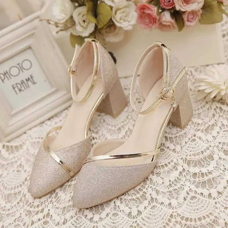 VougeVamp Women's Sequin Chunky Heel Wedding Shoes – Elegant Bridesmaid High Heels with Buckle Strap