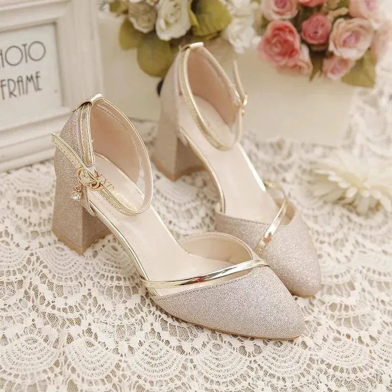 VougeVamp Women's Sequin Chunky Heel Wedding Shoes – Elegant Bridesmaid High Heels with Buckle Strap