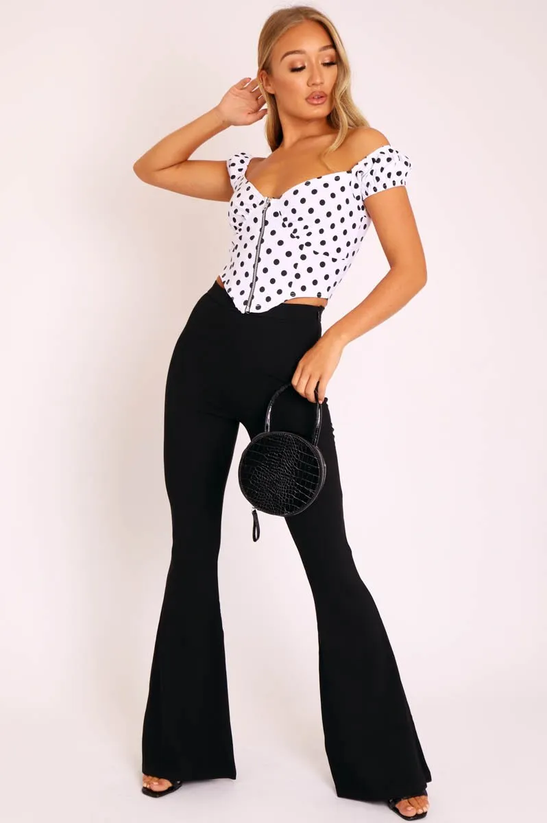 White Black Polka Dot Zip Front Milkmaid Crop Top - Rubie