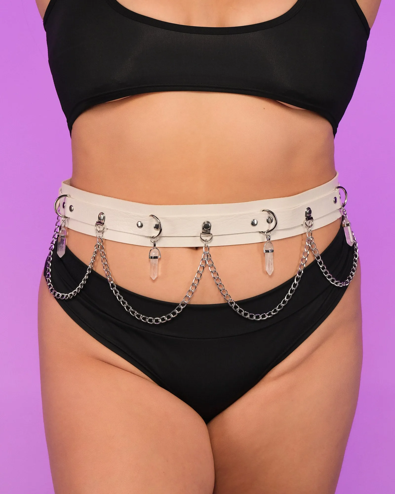 White Crystal and Chain Faux Leather Belt