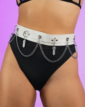 White Crystal and Chain Faux Leather Belt