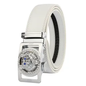 White Mens Adjustable Ratchet Slide Buckle Belt - Genuine Leather