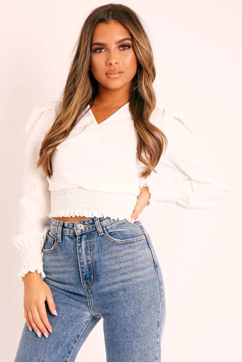 White Shirred Hem Wrap Crop Top - Symone