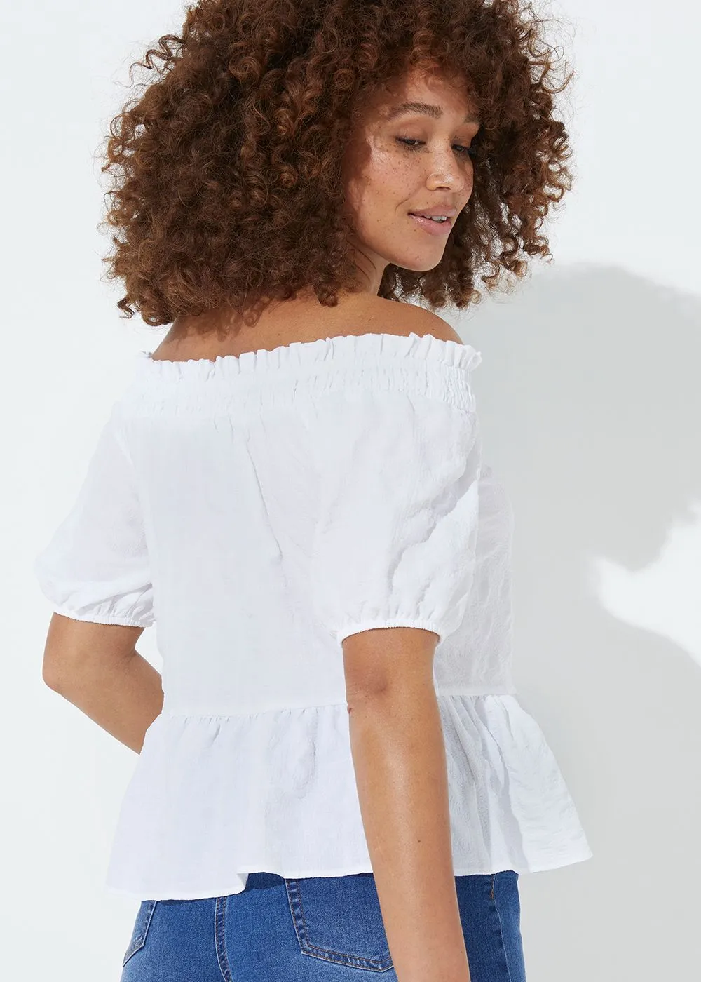 White Textured Peplum Bardot Top
