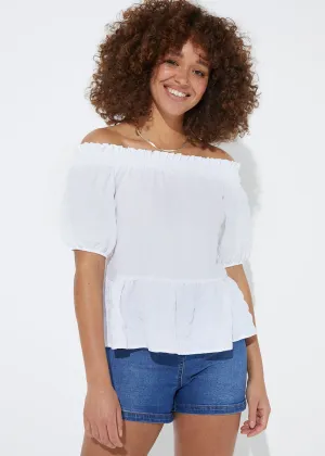 White Textured Peplum Bardot Top