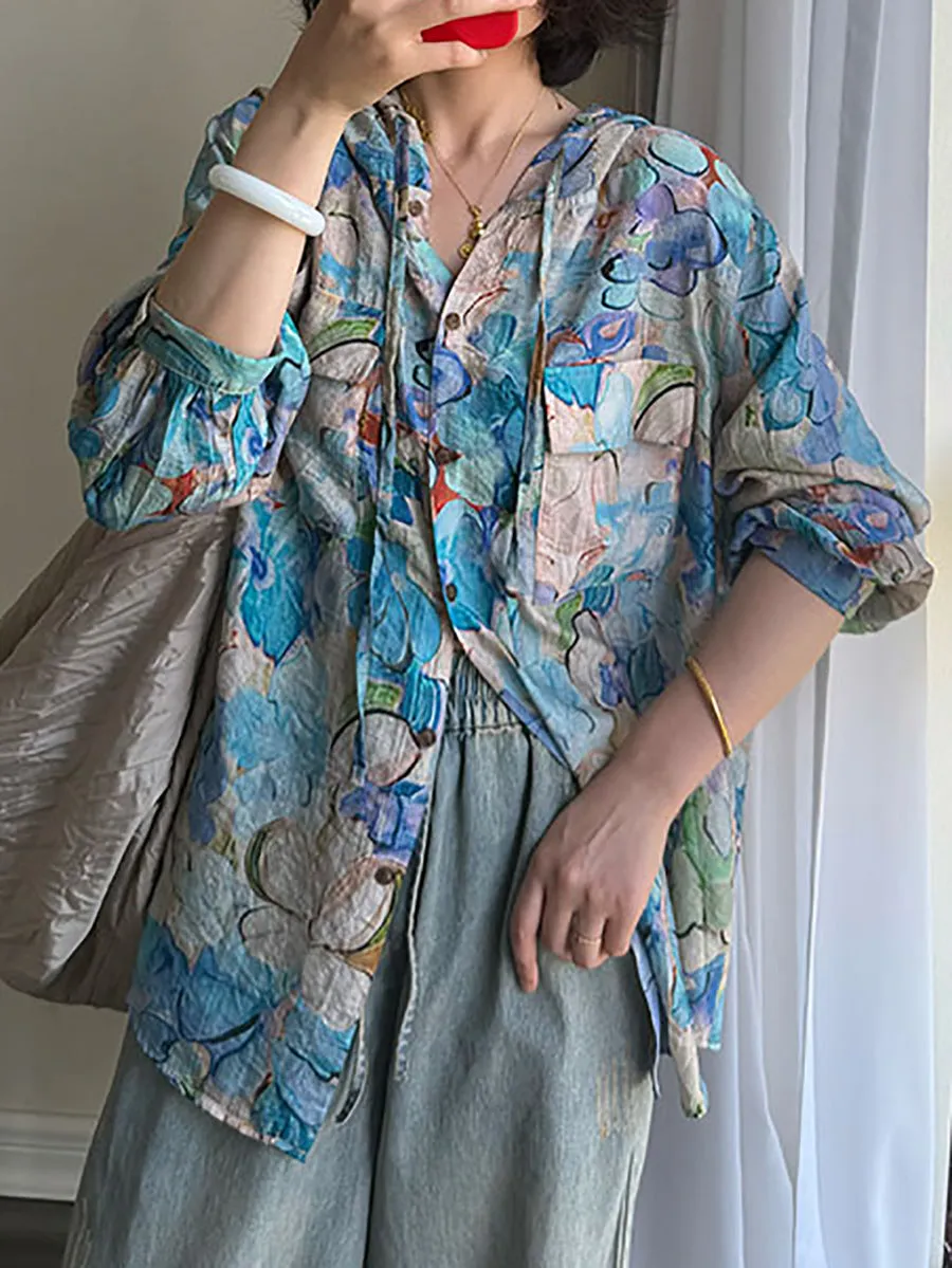 Women Artsy Flower O-Neck Long Sleeve Hooded Shirt