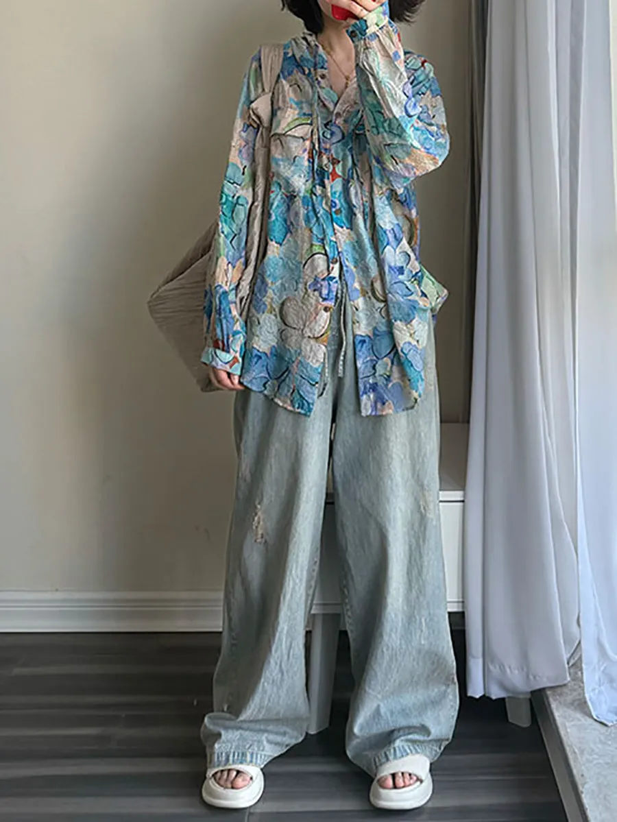 Women Artsy Flower O-Neck Long Sleeve Hooded Shirt