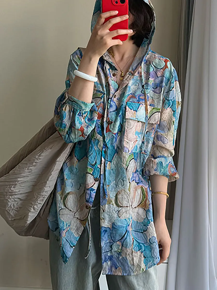 Women Artsy Flower O-Neck Long Sleeve Hooded Shirt