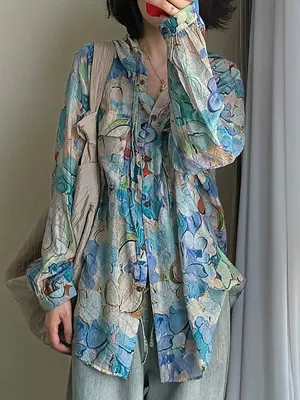 Women Artsy Flower O-Neck Long Sleeve Hooded Shirt