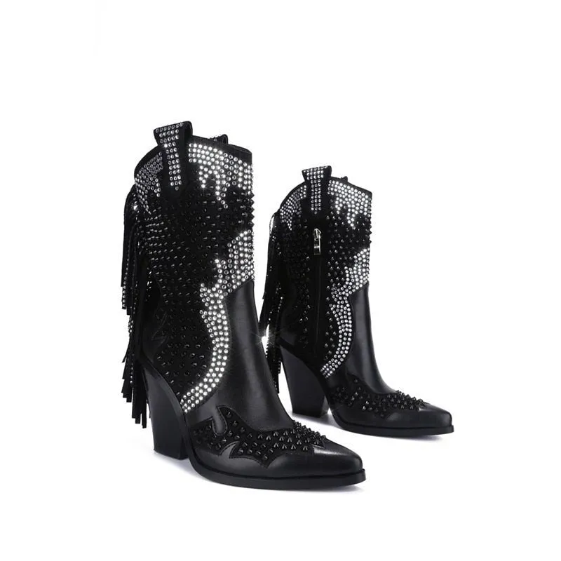 Women Crystal Fringe Western Cowboy Boots Chunky Heels Shoes