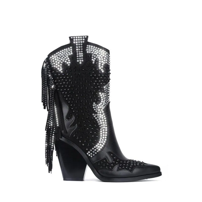Women Crystal Fringe Western Cowboy Boots Chunky Heels Shoes