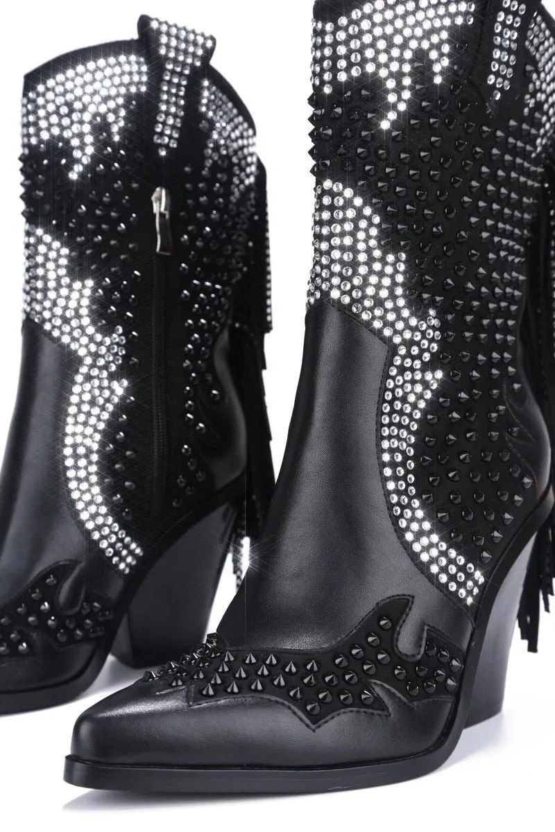 Women Crystal Fringe Western Cowboy Boots Chunky Heels Shoes