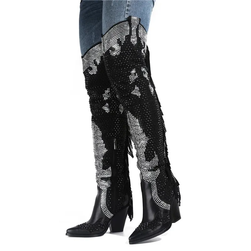 Women Crystal Fringe Western Cowboy Boots Chunky Heels Shoes