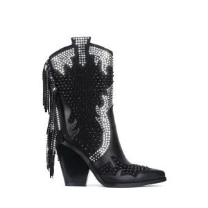 Women Crystal Fringe Western Cowboy Boots Chunky Heels Shoes