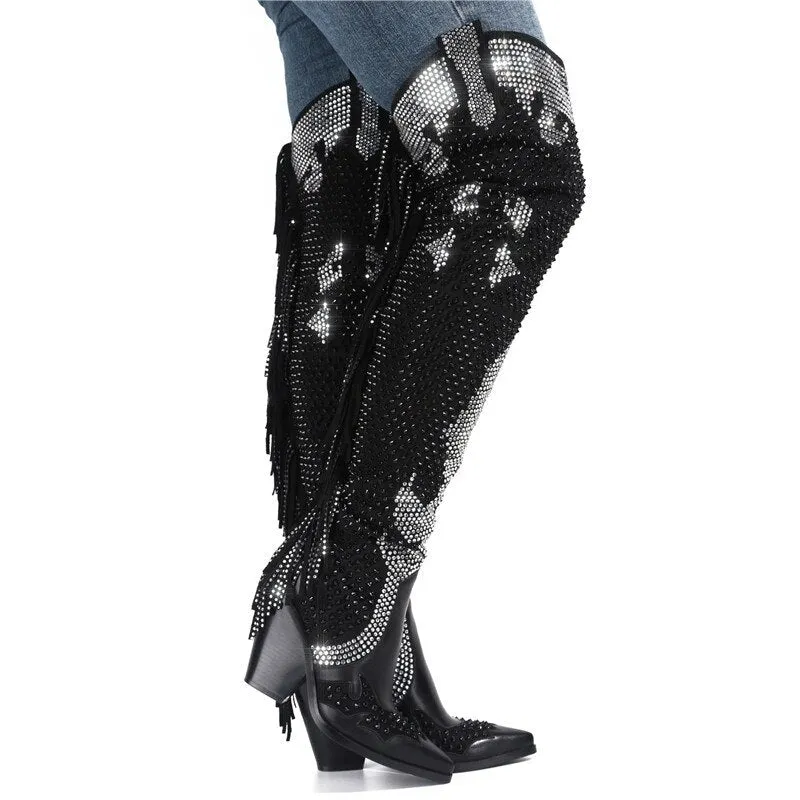 Women Crystal Fringe Western Cowboy Boots Chunky Heels Shoes