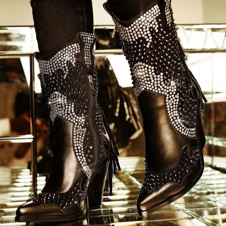 Women Crystal Fringe Western Cowboy Boots Chunky Heels Shoes