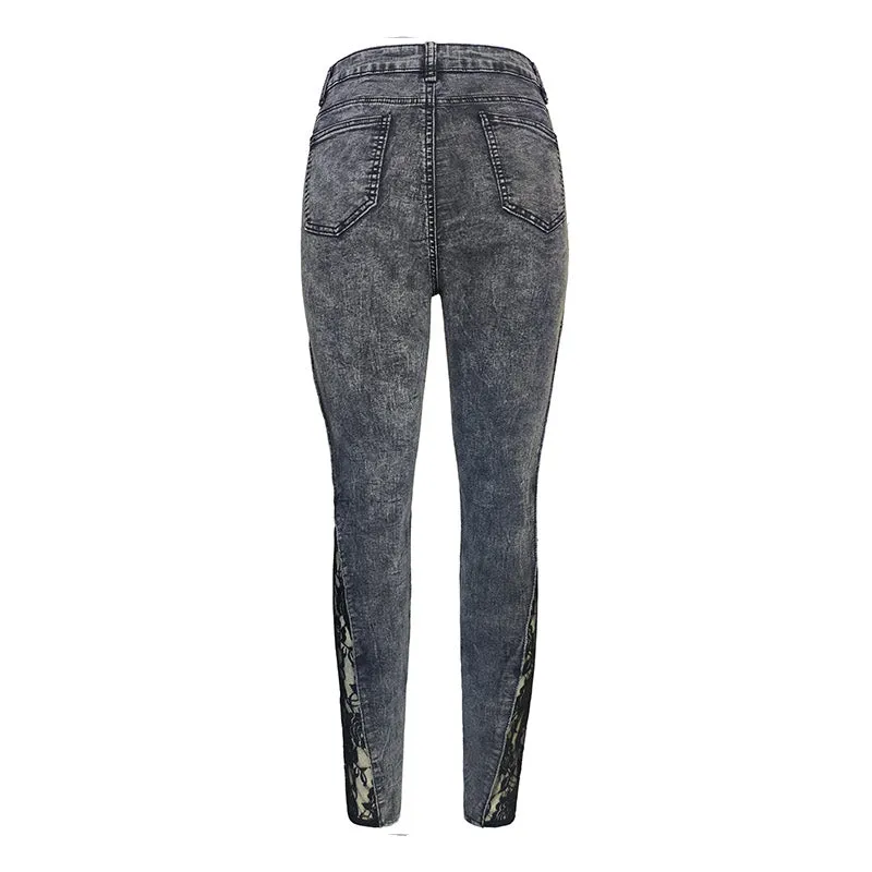 Women Lace Slim Fit Patchwork Denim Jeans