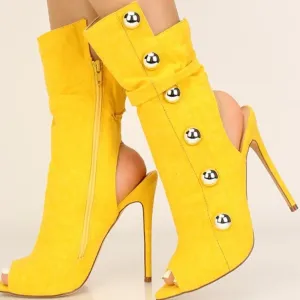 Women Metal Decor Open Toe Stiletto Heel Cut-out Booties
